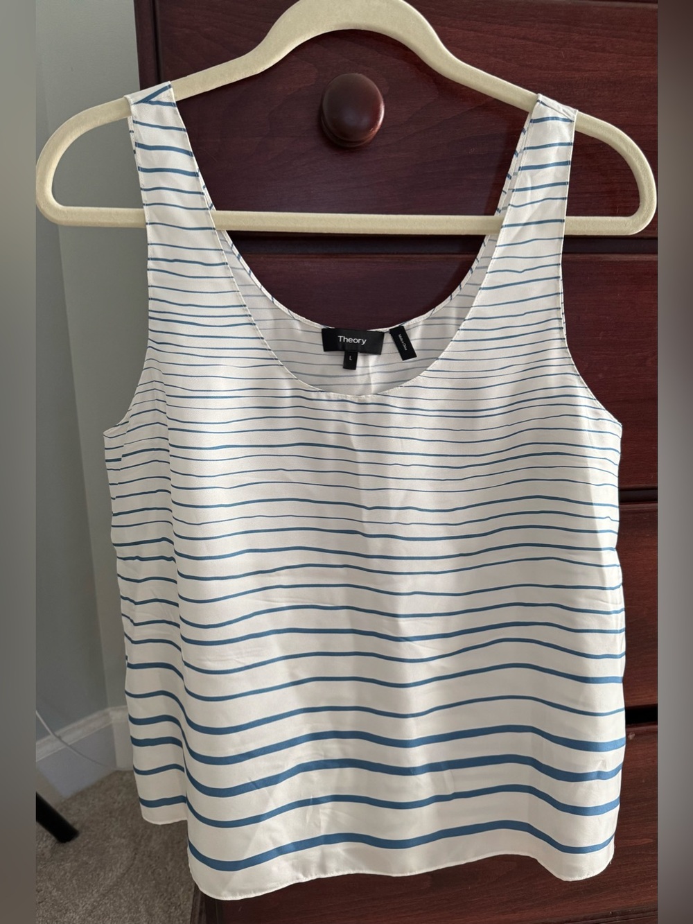 Theory Scoop Tank Top Painted Stripe Blue and White Silk Size L